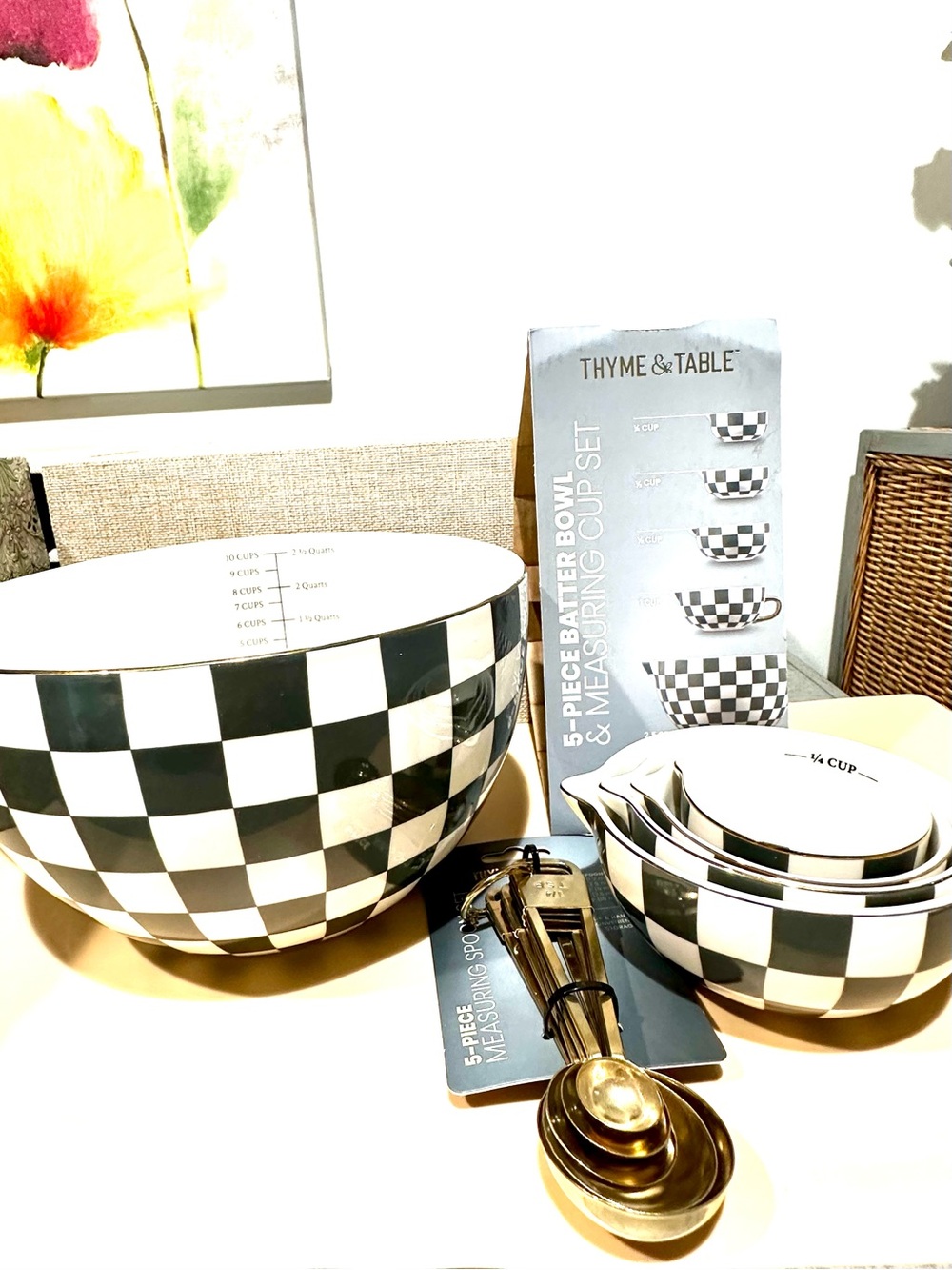 Thyme & Table Black & White Check Mixing Batter Bowl & Bonus Measuring Cup Set
